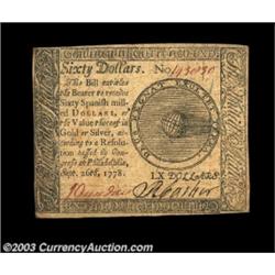Continental Currency September 26, 1778 $60 Extremely Fine. Problem free save for a minor stain alon