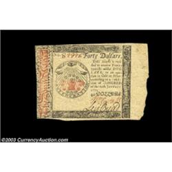 Continental Currency January 14, 1779 $40 Choice New. Oddly centered, very tight at the left with th