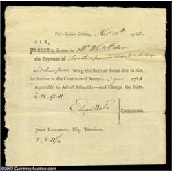 1782 Pay Table Office Document. Apparently a Connecticut item, as it bears the printed "John Lawrenc
