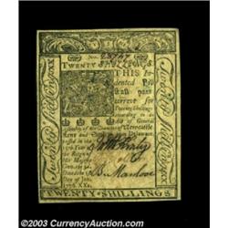 Delaware January 1, 1776 20s Very Choice New. A near-Gem example of this attractive Colonial issue.