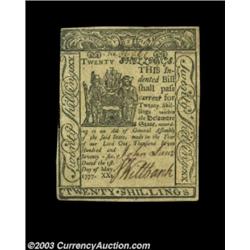 Delaware May 1, 1777 20s Choice About New. A very light horizontal center fold is all that separates
