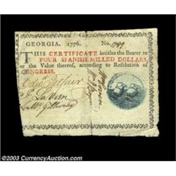 Georgia 1776 $4 Choice Very Fine. Trimmed into the border at the left edge but otherwise problem fre