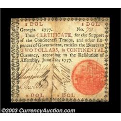Georgia June 8, 1777 $2 Very Fine. There are a few very minor edge splits, and the note has been str