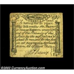 Massachusetts October 16, 1778 1s6d Extremely Fine. This Codfish issue utilizes plates made for the
