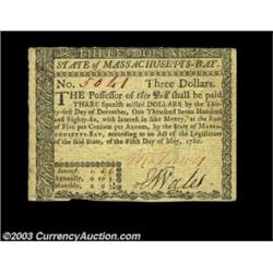 Massachusetts May 5, 1780 $3 Choice About New. Fully signed and issued, including the guarantee on t
