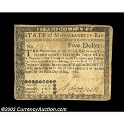 Massachusetts May 5, 1780 $5 Very Fine. Fully signed and issued, with the guarantee on the back sign