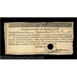 Massachusetts December 10, 1781 $16 Choice Extremely Fine. The third and final note of this group th