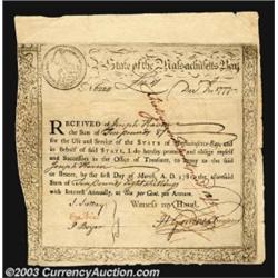 Massachusetts Treasury Certificate. Another MA 10, identical to the preceding. The condition is not