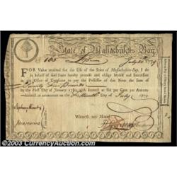 Massachusetts 1779 Treasury Certificate. These six percent certificates were issued as advance pay t