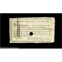 Massachusetts Fiscal Paper April 1, 1786. A nice high grade piece with a small hole cancel.  Importa