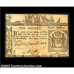 New York February 16, 1771 L10 Very Fine. Paper-tape reinforced along its central split, but intact