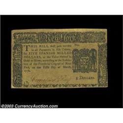 New York March 5, 1776 $5 New. Very well printed and with good margins all around. The paper is a bi