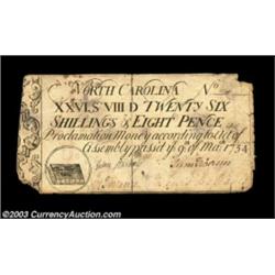 North Carolina March 9, 1754 26s8d Very Fine. This oddly denominated note has a few edge splits, rou