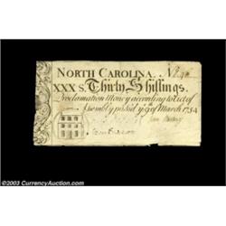 North Carolina March 9, 1754 30s Extremely Fine. An incredible grade for this issue, the note is ful