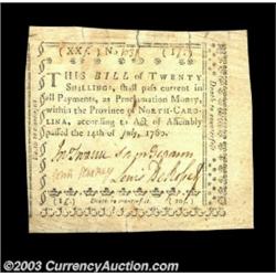 North Carolina July 14, 1760 20s Extremely Fine. A number of short splits in the top and bottom marg