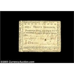 North Carolina April 23, 1761 30s Very Fine. A very rare note with an original print quantity of onl