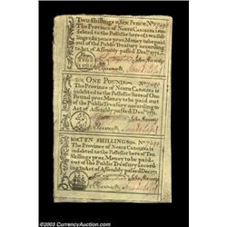 North Carolina December 1771 Uncut Sheet of Three Gem New. This sheet has one each of the 2s6d, 10s