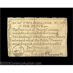 North Carolina December 1771 2s6d Extremely Fine. Closely margined at the bottom, but well signed an