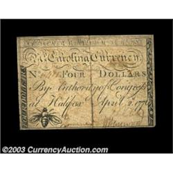 North Carolina April 2, 1776 $4 Extremely Fine. The variety with the Bee vignette. A center fold has
