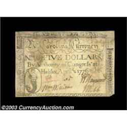 North Carolina April 2, 1776 $5 Extremely Fine. The note has a few light stains and a tiny piece of