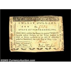 North Carolina May 15, 1779 $20 Choice Very Fine. Very well margined and quite attractive, with bold