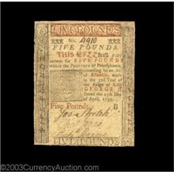 Pennsylvania April 25, 1759 L5 Choice Very Fine. Incredible grade for the issue, which is generally