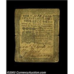 Pennsylvania June 18, 1764 20s Fine-Very Fine. The center fold has been scotch tape repaired on the