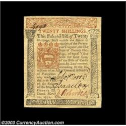 Pennsylvania March 20, 1771 20s Choice Extremely Fine. Absolutely gorgeous from the face, with the a