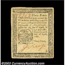 Pennsylvania April 20, 1781 3d Extremely Fine. Pretty for the grade, with strong overall eye appeal.