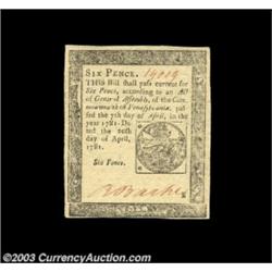 Pennsylvania April 20, 1781 6d Choice New. What appears at first to be light folds is in actuality t