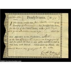 Pennsylvania 1780 Interest Bearing Certificate. Issued August 22, 1780 to a John Trexler, this inden