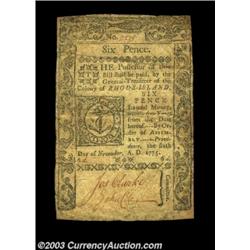 Rhode Island November 6, 1775 6d Very Fine. There are minor, well done restorations at two of the co