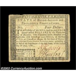 Rhode Island July 2 1780 $4 Very Fine-Extremely Fine. A very well margined note that is fully signed