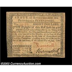 Rhode Island July 2, 1780 $8 Choice About New. Fully signed and issued with the guarantee for the Un