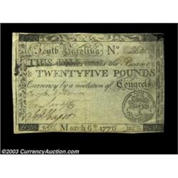 South Carolina March 6, 1776 L25 Choice Very Fine. A scarce issue in all but the most wretched of co