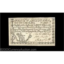 South Carolina February 8, 1779 $60 Choice Extremely Fine. A beautifully margined, well signed, brig