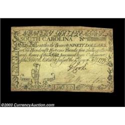 South Carolina February 8, 1779 $90 Extremely Fine. Closely margined except for at the top. A nice e