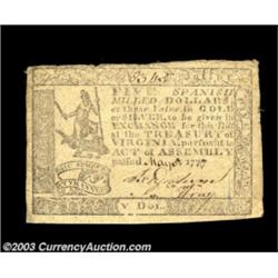 Virginia May 5, 1777 $5 Very Fine. A well margined, problem-free example printed on thick soft paper