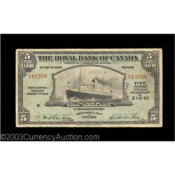 Trinidad, Port of Spain- The Royal Bank of Canada $5 Jan. 3, 1938 Ch. 630-68-02Evenly circulated Ver