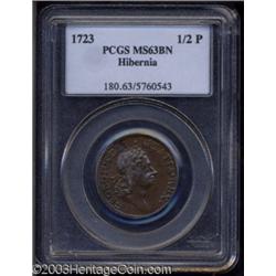 1723 1/2P Hibernia Halfpenny MS63 Brown PCGS.