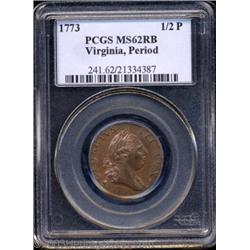 1773 1/2P Virginia Halfpenny, Period MS62 Red and Brown PCGS.