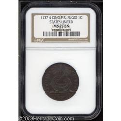 1787 1C Fugio Cent, STATES UNITED, Cinquefoils MS65 Brown NGC.