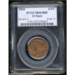 1828 1/2 C 13 Stars MS63 Red PCGS.