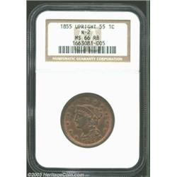 1855 1C Upright 5s MS66 Red and Brown NGC.
