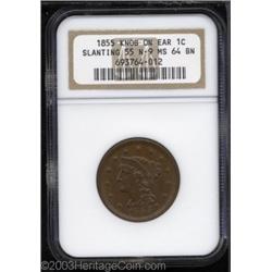1855 1C Slanting 5s, Knob on Ear MS64 Brown NGC.