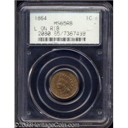 1864 1C L On Ribbon MS65 Red and Brown PCGS.