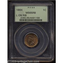 1864 1C L On Ribbon MS65 Red and Brown PCGS.