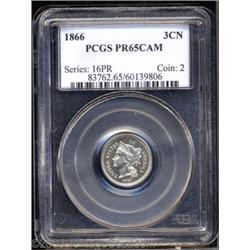 1866 3CN PR65 Cameo PCGS.
