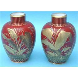 A pair of Derby Crown porcelain vases of straight-necked ovoid shape, date cipher for 1887, with...