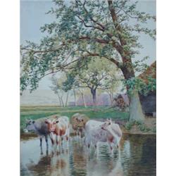 William Sidney Cooper (1854-1927) British Watercolour, Cattle in river at Sturry, Kent signed and...